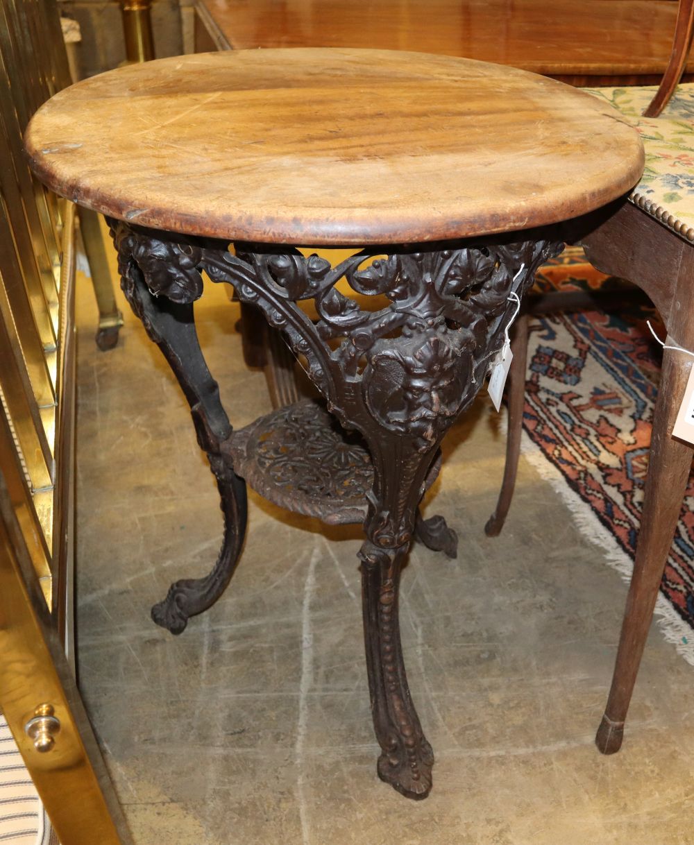 A Victorian style circular cast iron pub table, with mahogany top, 58cm diameter, H.74cm